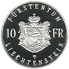 10 frangin kolikko, jossa teksti Fürstentum Liechtenstein