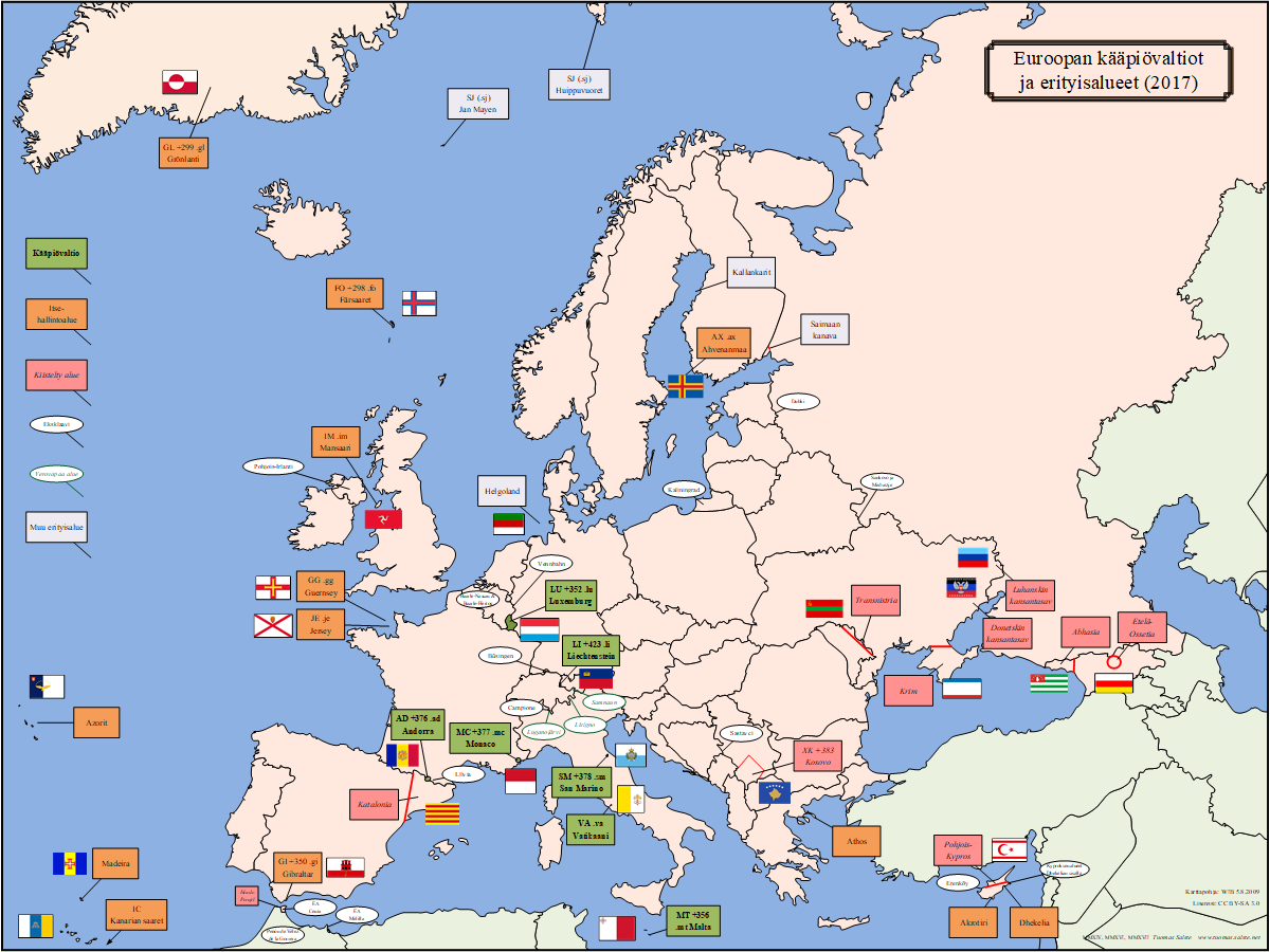 Kartta: Euroopan kääpiövaltiot ja erityisalueet
