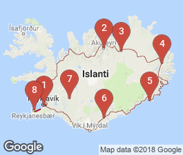 Islannin kartta, johon on merkitty oppaassa esitellyt paikat