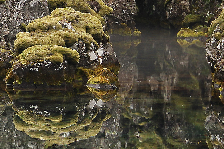 Þingvellir: sammaleiset kalliot kuvastuvat veden pinnasta