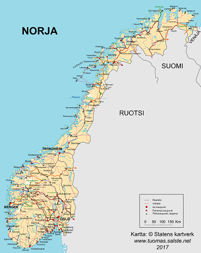 Norjan kartta, josta näkyvät tässä kuvatut matkareitit