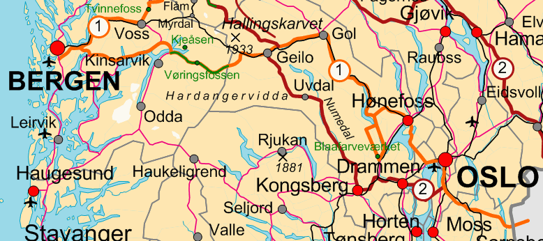 Kartta, reitti 1, alkuosa: Oslo-Bergen