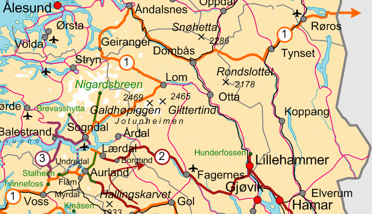 Kartta, reitti 1, loppuosa: Voss-Røros