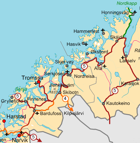 Kartta, reitti 5: Nordkapp–Tromssa–Senja